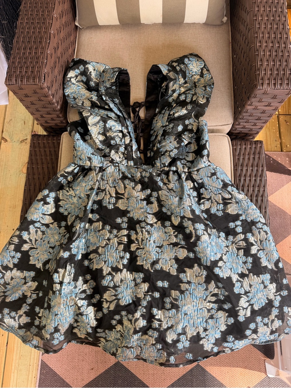 Women’s Black Floral Metallic Dress with Ruffle Straps